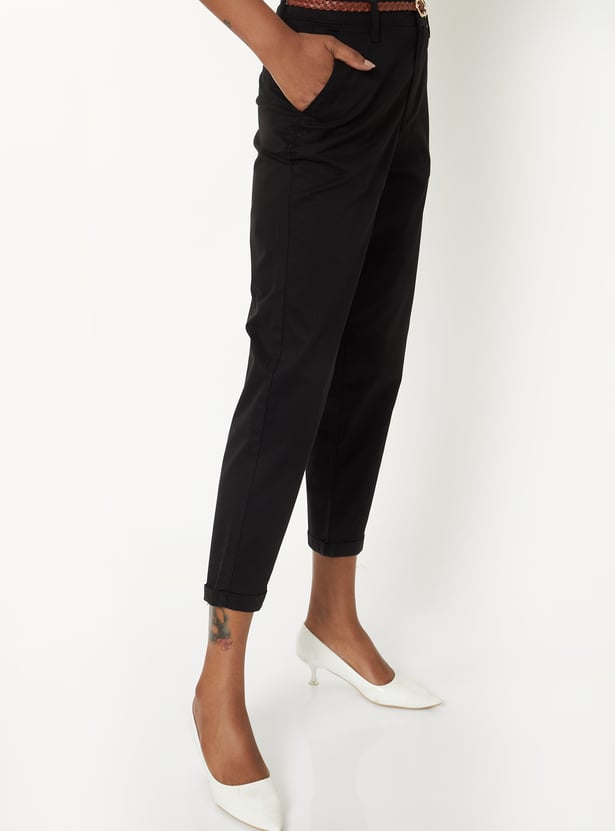 Women Solid Trousers with Braided Belt
