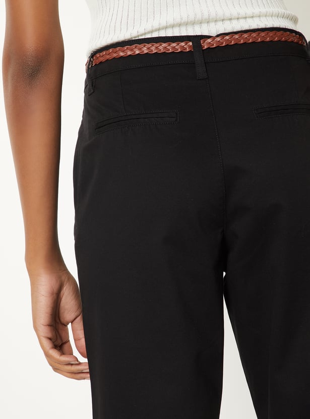 Women Solid Trousers with Braided Belt