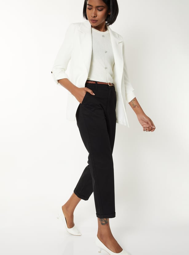 Women Solid Trousers with Braided Belt