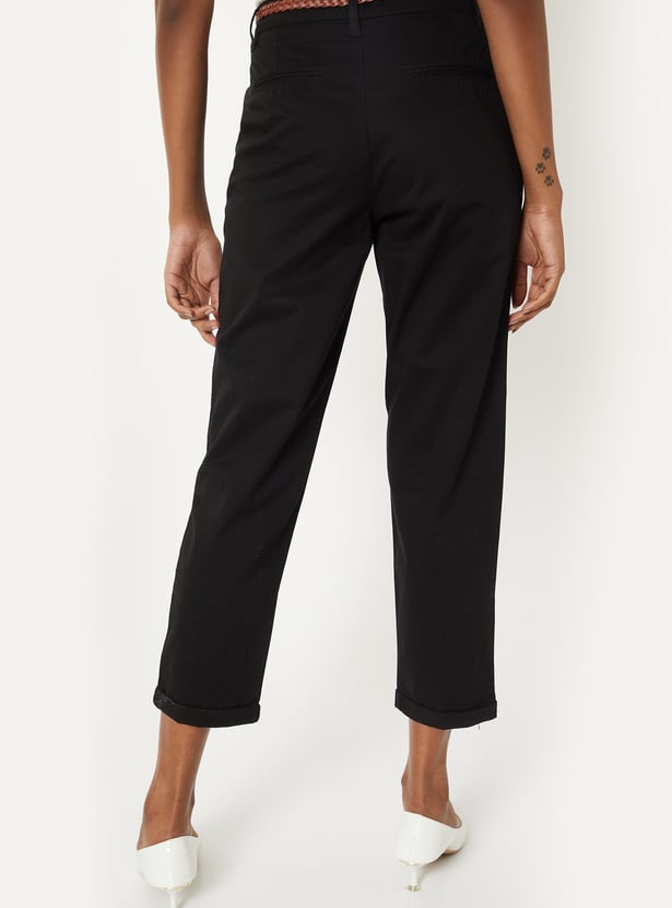 Women Solid Trousers with Braided Belt