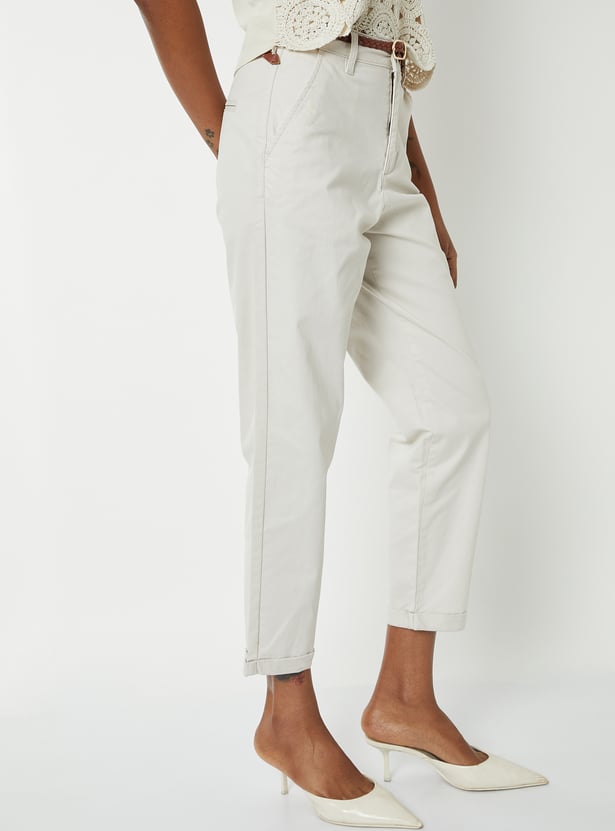 Women Solid Trousers with Braided Belt