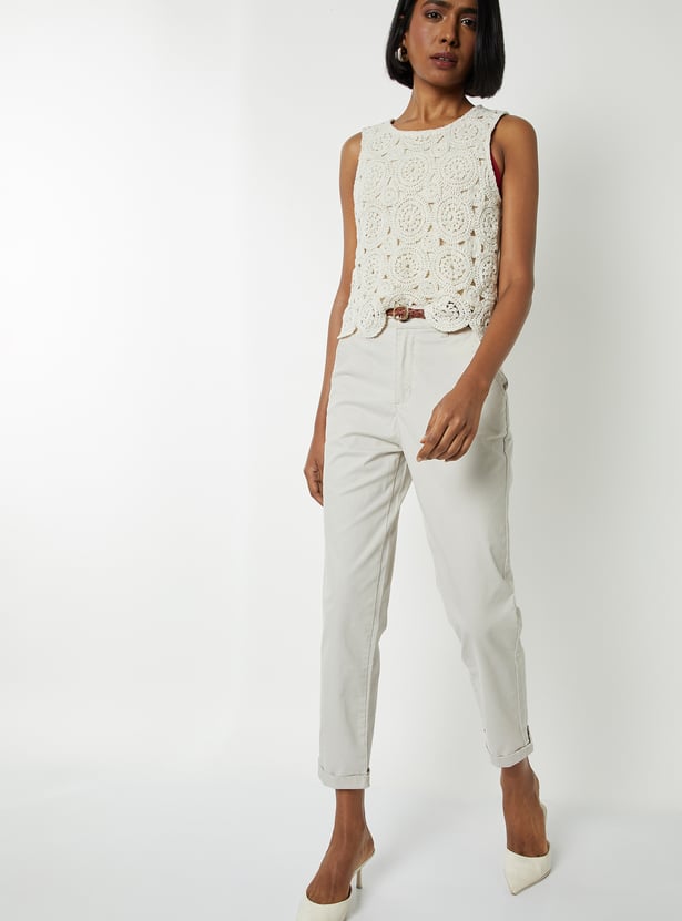 Women Solid Trousers with Braided Belt