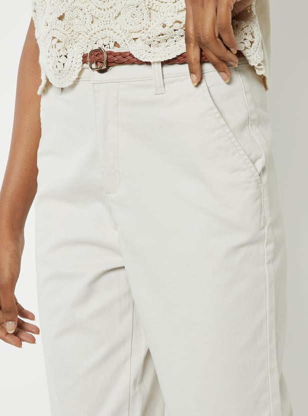 Women Solid Trousers with Braided Belt