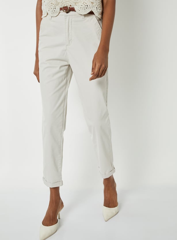 Women Solid Trousers with Braided Belt