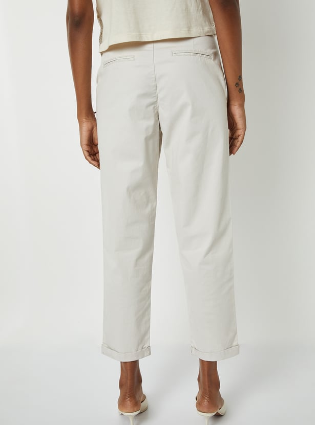 Women Solid Trousers with Braided Belt