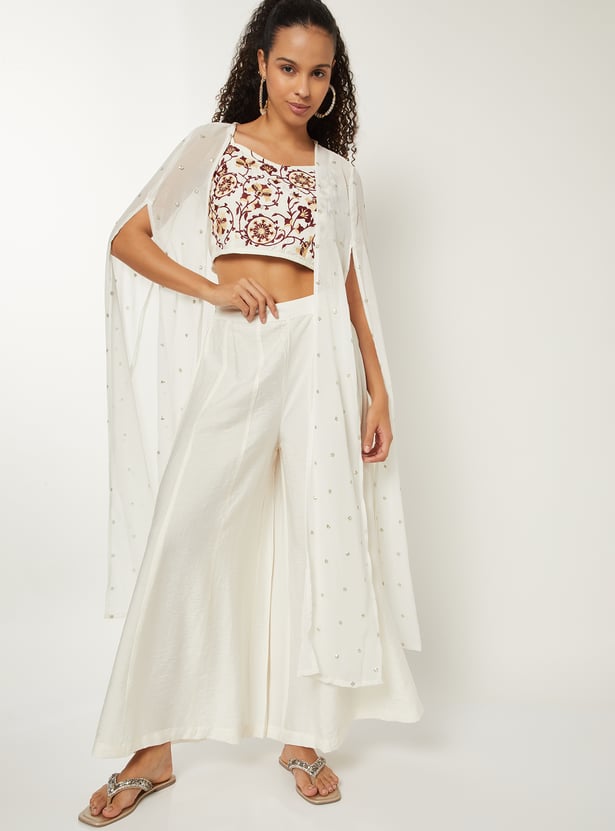 Women Embroidered Top with Palazzos and Shrug