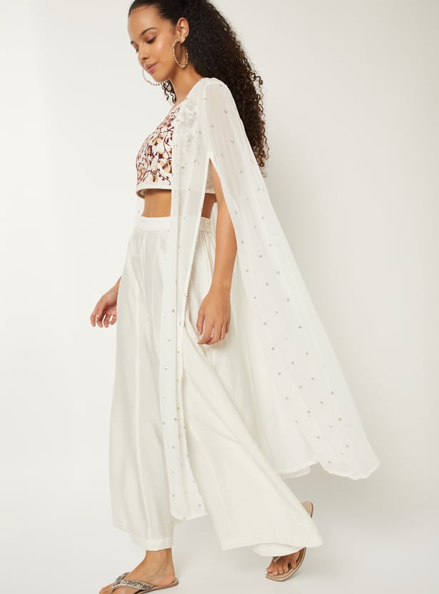 Women Embroidered Top with Palazzos and Shrug