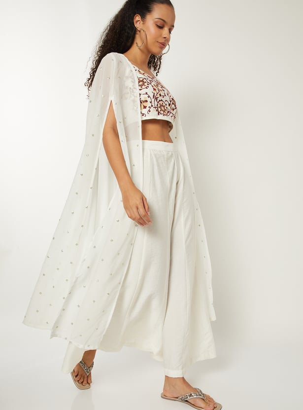 Women Embroidered Top with Palazzos and Shrug