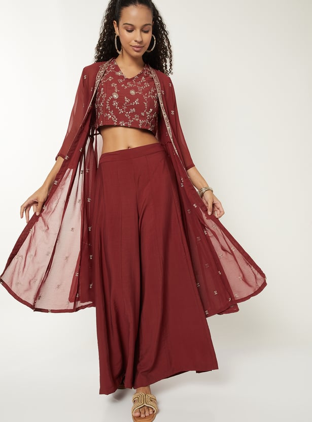 Women Embroidered Top With Palazzos and Shrug
