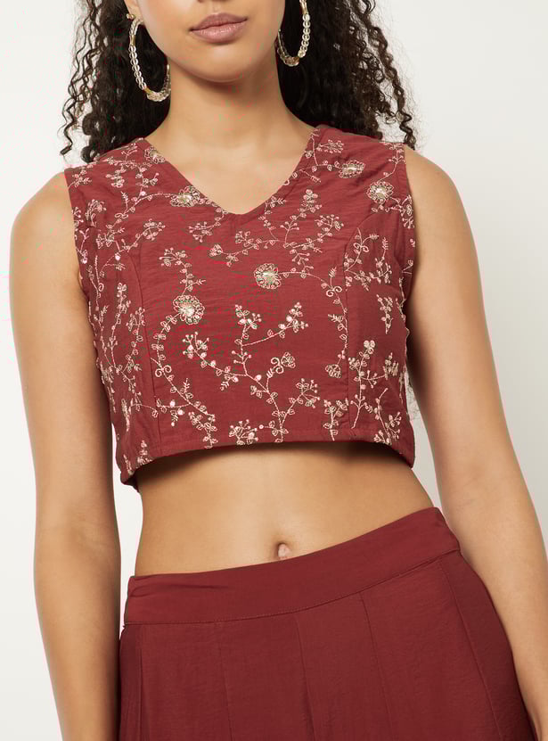 Women Embroidered Top With Palazzos and Shrug