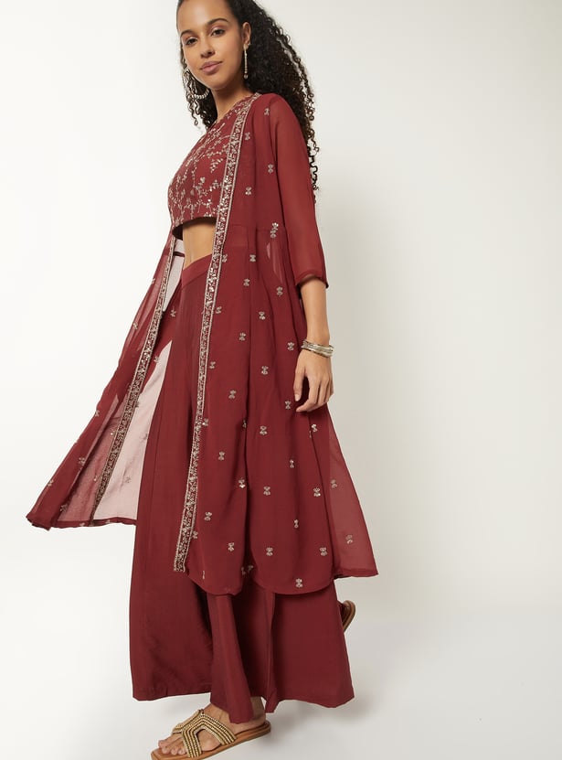 Women Embroidered Top With Palazzos and Shrug