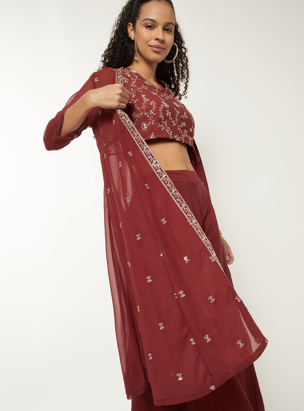 Women Embroidered Top With Palazzos and Shrug