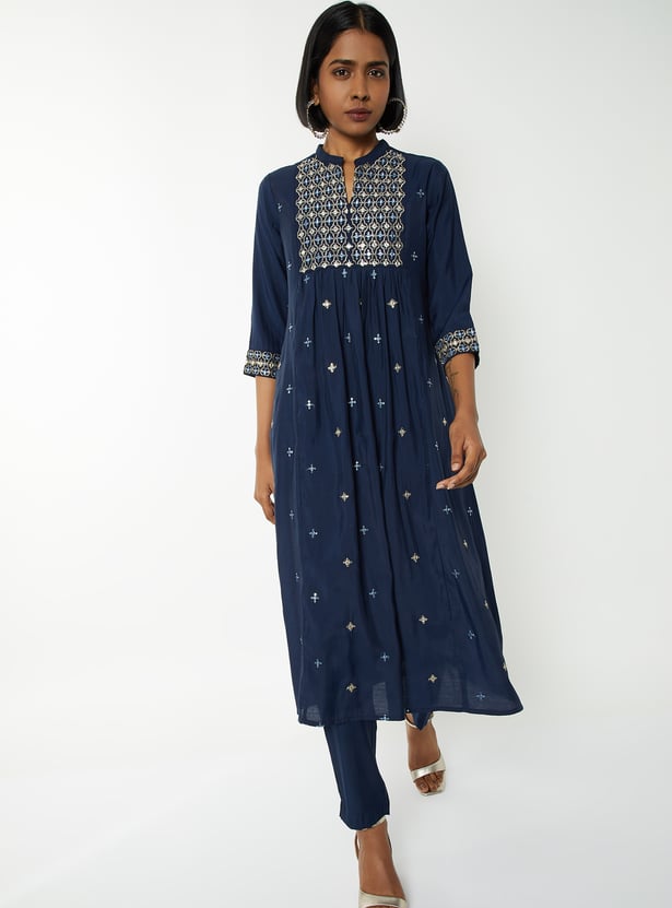 Blue - A-Line Cotton Hand Embroidered Jacquard Kurta for women 12