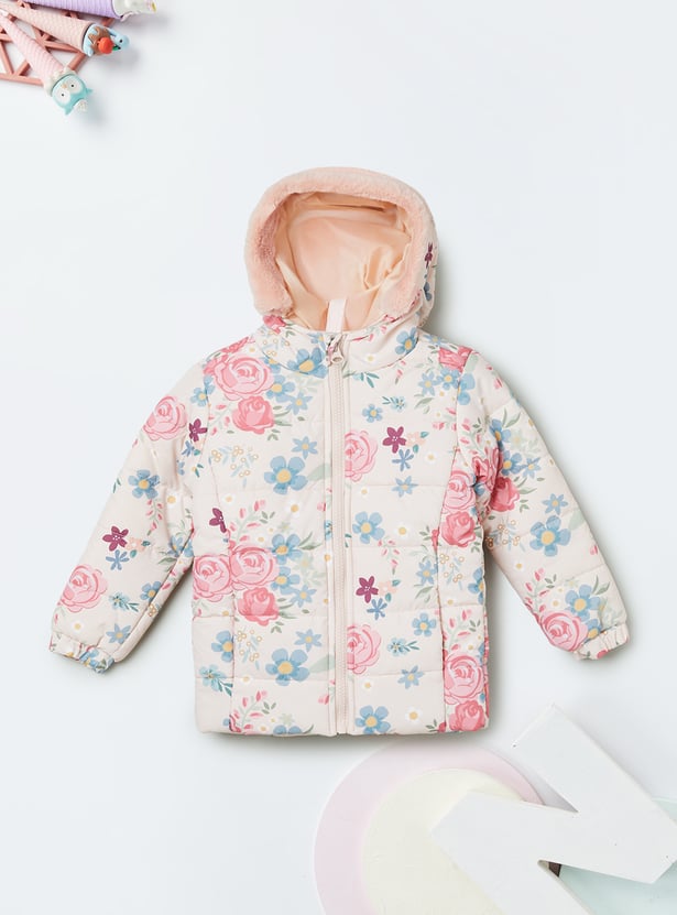 Girls Floral Print Hooded Padded Jacket