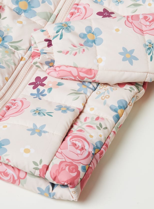 Girls Floral Print Hooded Padded Jacket