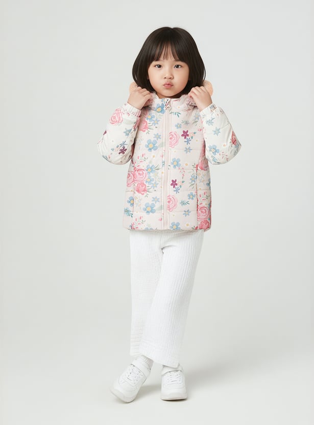 Girls Floral Print Hooded Padded Jacket