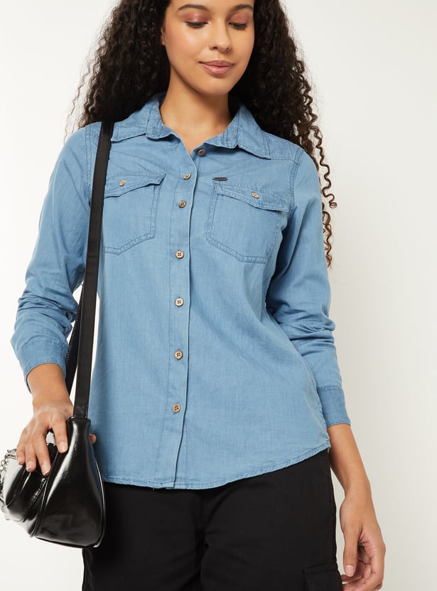 Women Solid Denim Shirt