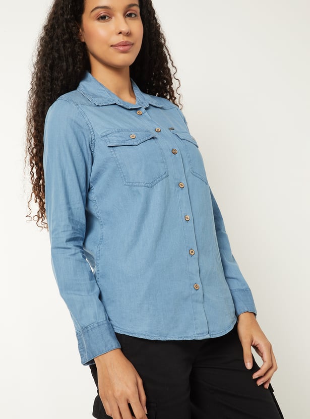 Women Solid Denim Shirt
