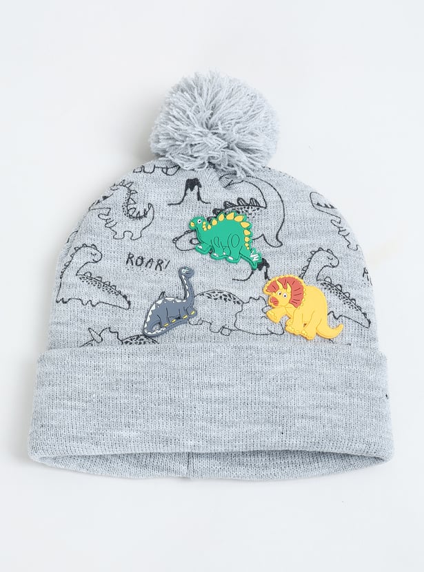 Boys Dino Applique Beanie with Pom Pom Detail