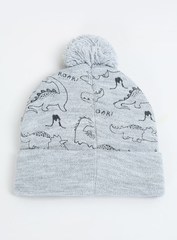 Boys Dino Applique Beanie with Pom Pom Detail