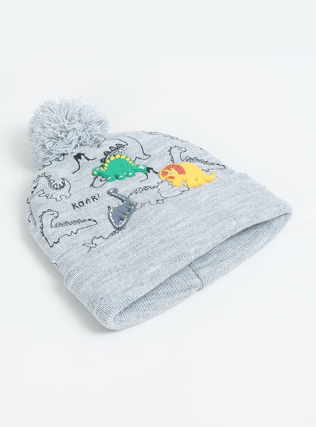 Boys Dino Applique Beanie with Pom Pom Detail
