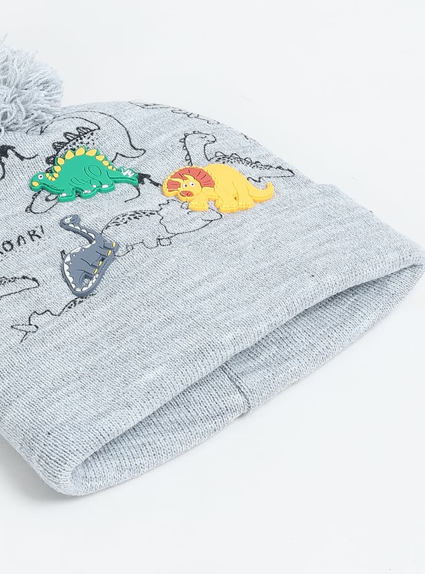 Boys Dino Applique Beanie with Pom Pom Detail