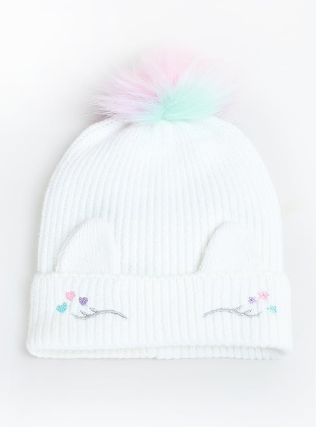 Girls Applique Beanie with Pom Pom Detail