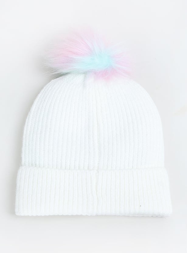 Girls Applique Beanie with Pom Pom Detail