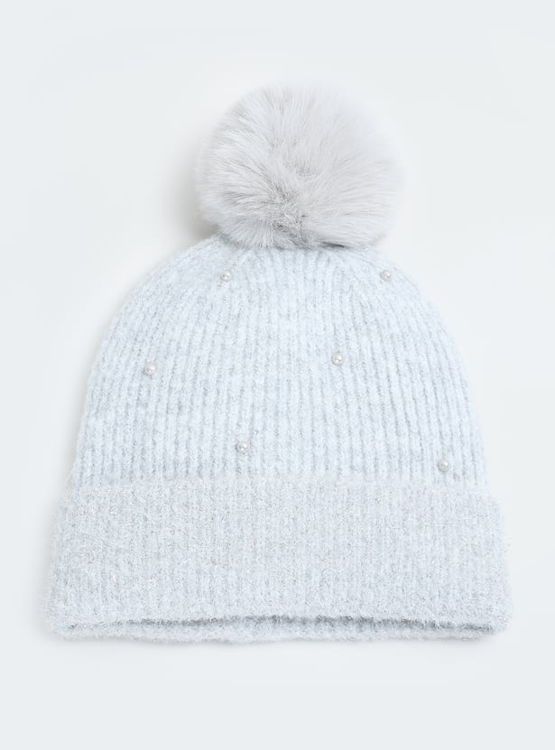 Girls Pearl Embellished Beanie with Pom Pom Detail