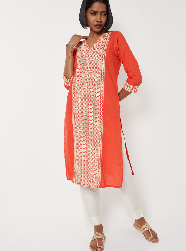 Women Embroidered Panel Straight Kurta