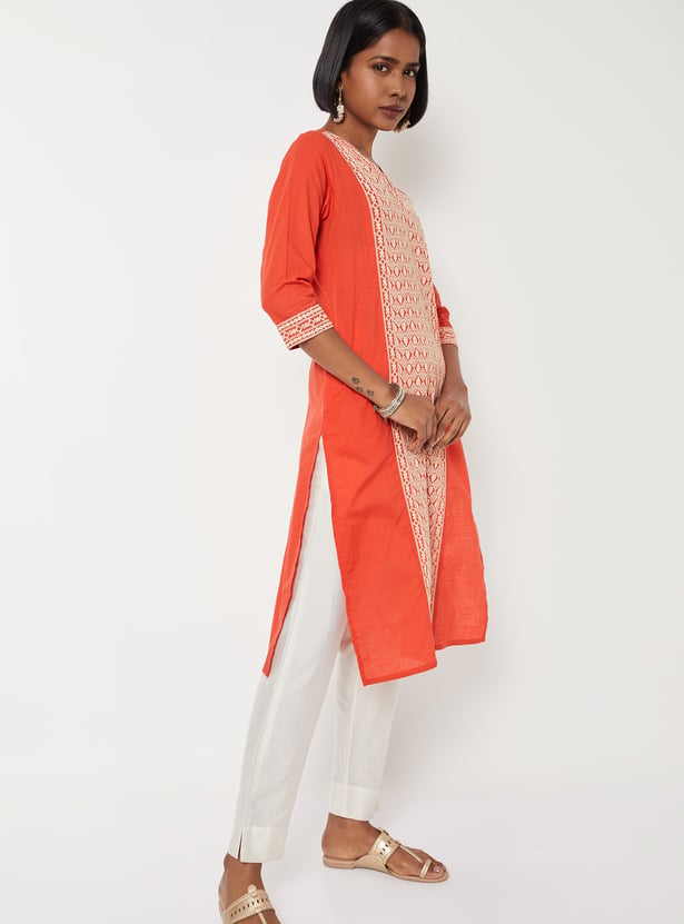 Women Embroidered Panel Straight Kurta