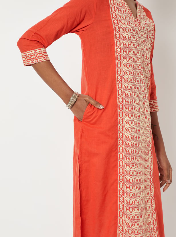 Women Embroidered Panel Straight Kurta