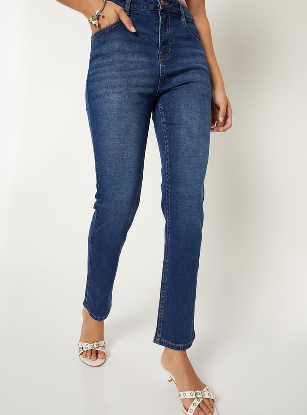 Women Washed Slim Straight Jeans