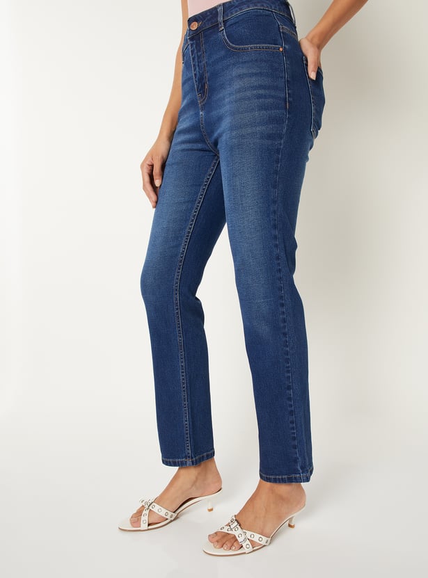 Women Washed Slim Straight Jeans