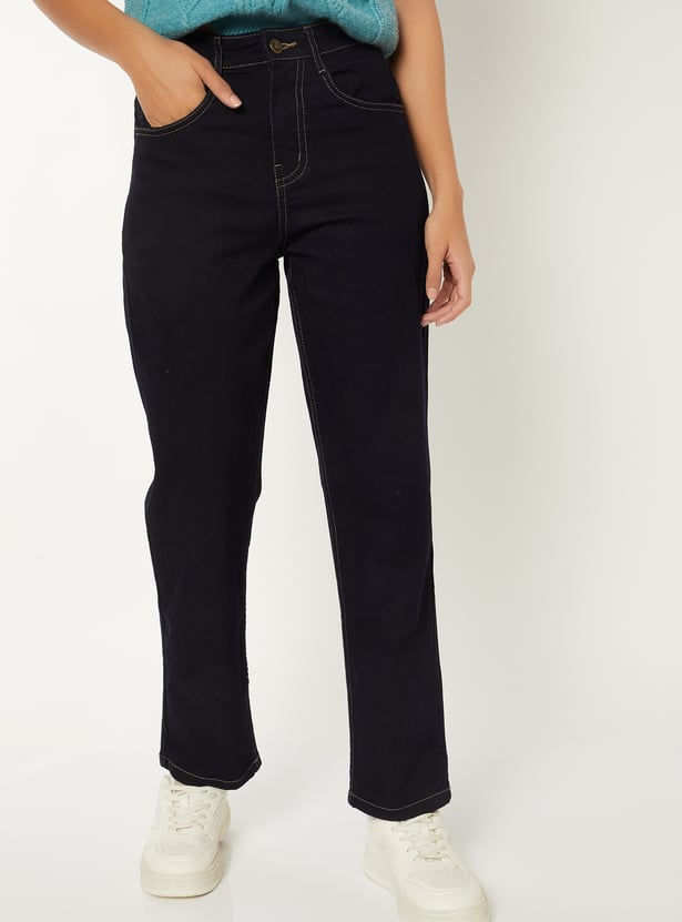 Women Washed High Rise Slim Straight Jeans