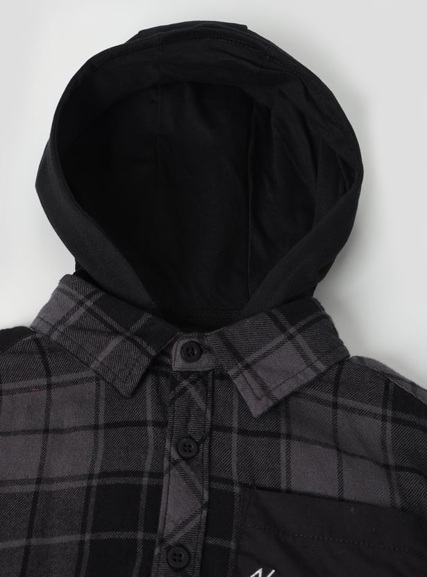 Boys Checked Hooded Shirt