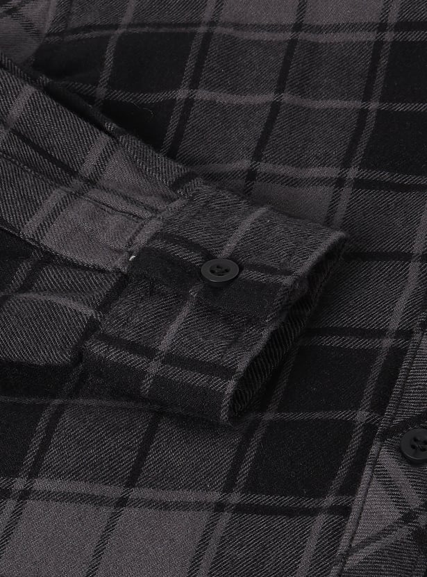 Boys Checked Hooded Shirt