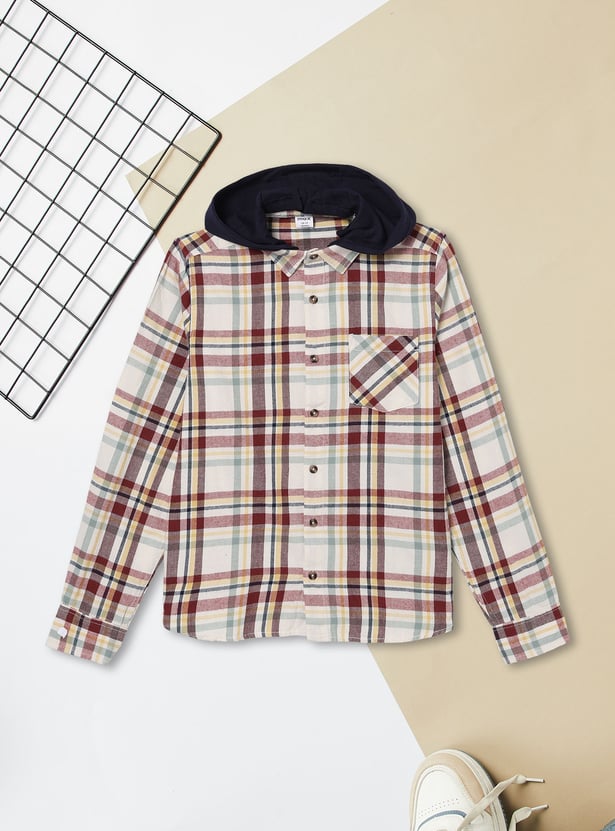 Boys Checked Hooded Shirt