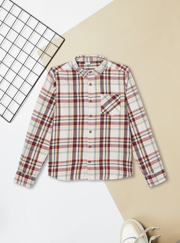 Boys Checked Hooded Shirt