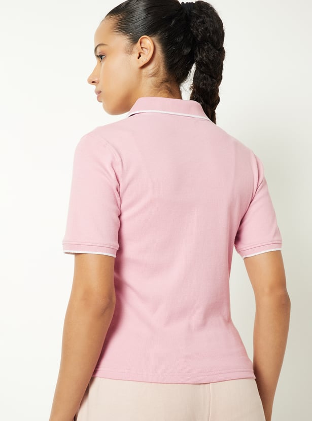 Women Ribbed Slim Fit Sports Polo T-shirt
