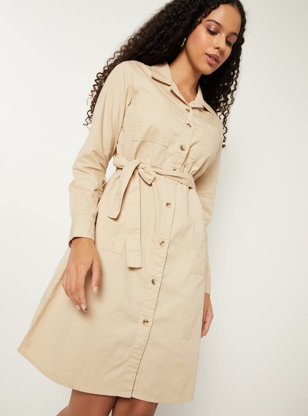 Women Solid Shirt Midi Dress