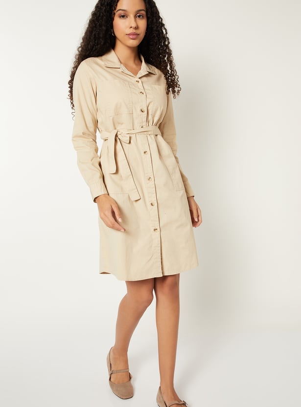 Women Solid Shirt Midi Dress