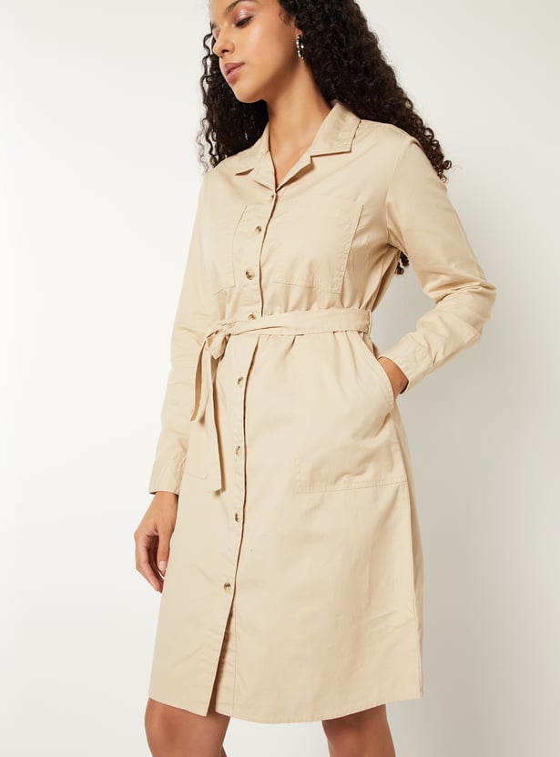 Women Solid Shirt Midi Dress