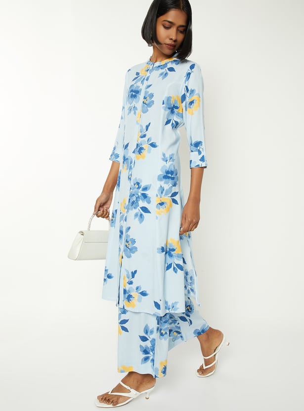 Women's Ethnic Floral Navy Blue A Line Kurta Set