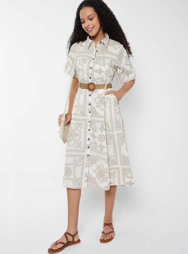 Women Printed Shirt Dress with Belt