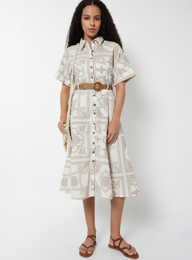 Women Printed Shirt Dress with Belt