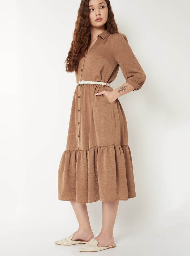 Women Textured A-line Tiered Shirt Dress with Belt