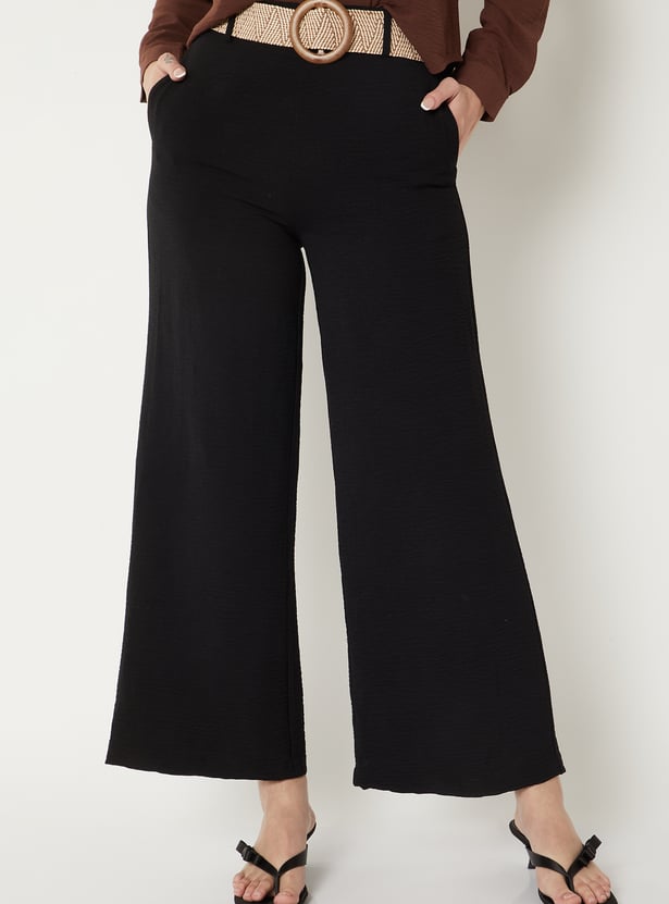 Women Solid Wide Leg Trousers with Belt