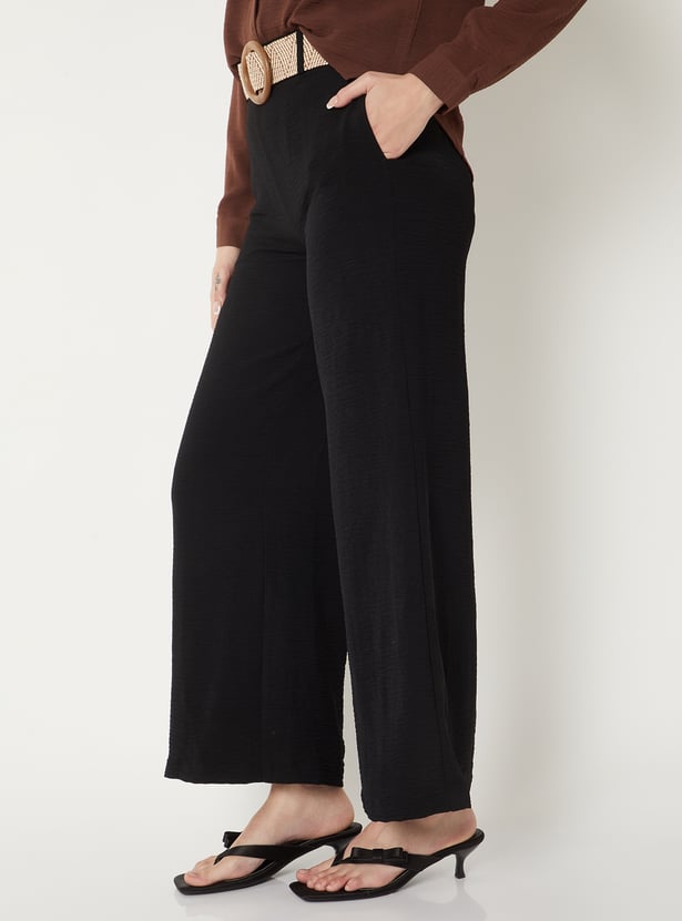 Women Solid Wide Leg Trousers with Belt