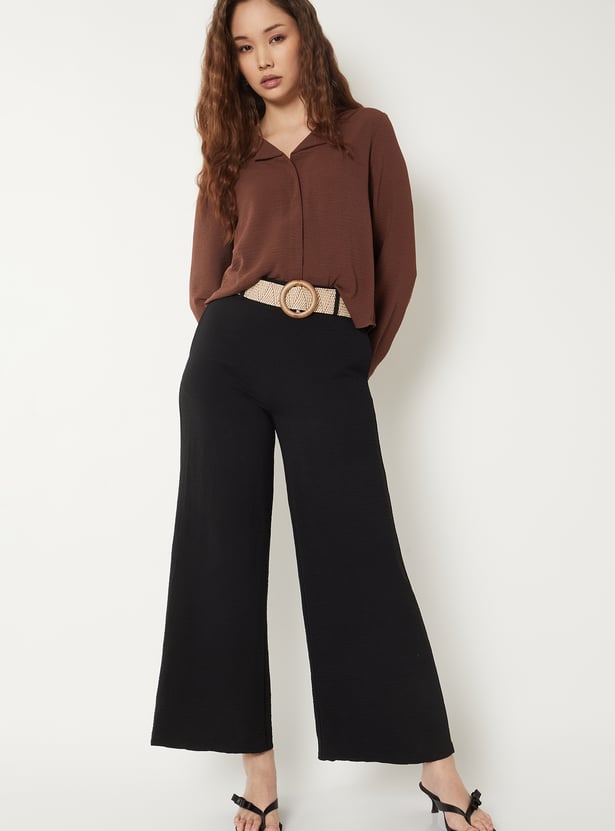 Women Solid Wide Leg Trousers with Belt